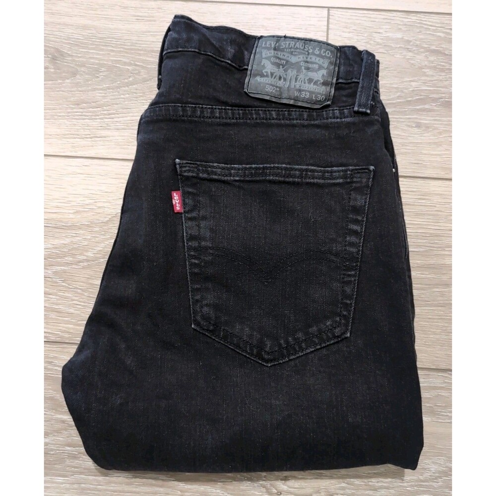 LEVI'S 502 BLACK 33X30 ((33X29)) JEANS MEN'S REGULAR TAPER FIT STRETCH DENIM